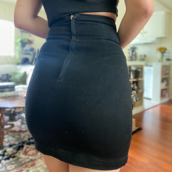 EXPRESS corset lace up mini denim skirt. Black, stretch denim, super high waist. - Picture 4 of 8